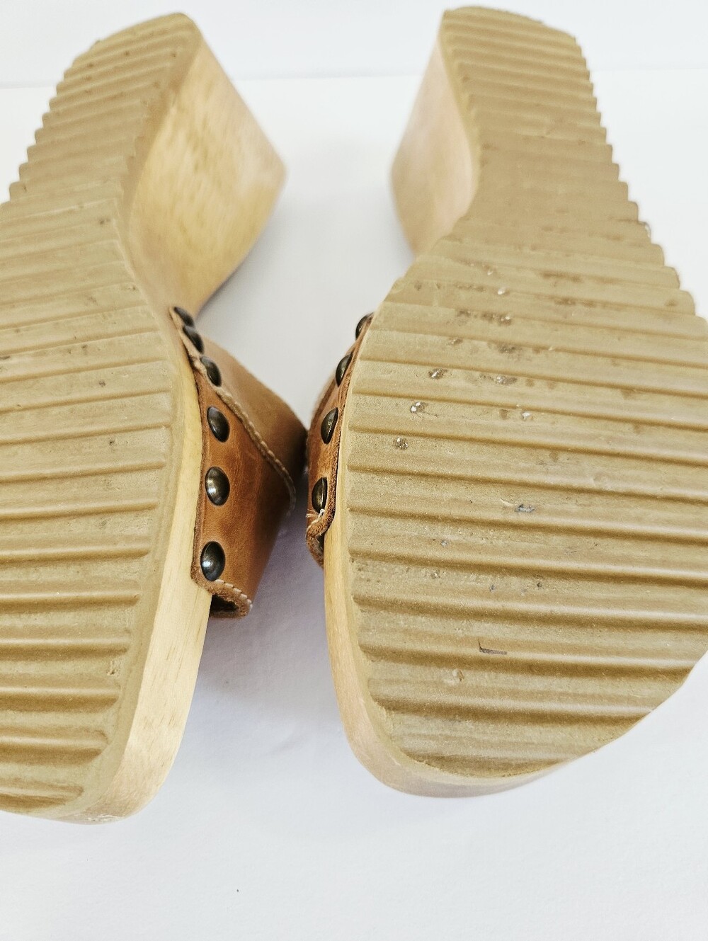 Vintage l.e.i. Wooden Diedra Platform Patchwork Leather Slip On Mule Sandals 8.5 - Picture 15 of 16